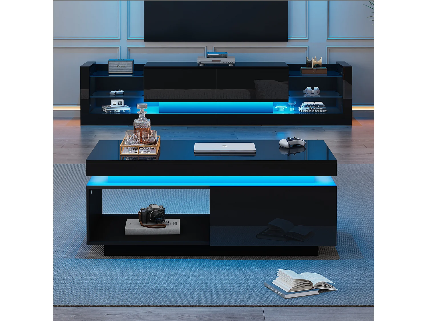 Moderner Couchtisch mit 1 Tür und 1 offenem Fach – 100 x 50 x 40,3 cm – LEDs – Spanplatte – glänzend schwarz