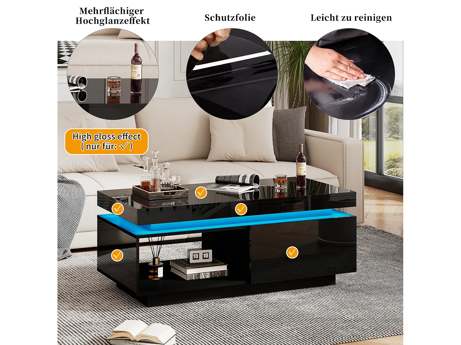 Moderner Couchtisch mit 1 Tür und 1 offenem Fach – 100 x 50 x 40,3 cm – LEDs – Spanplatte – glänzend schwarz