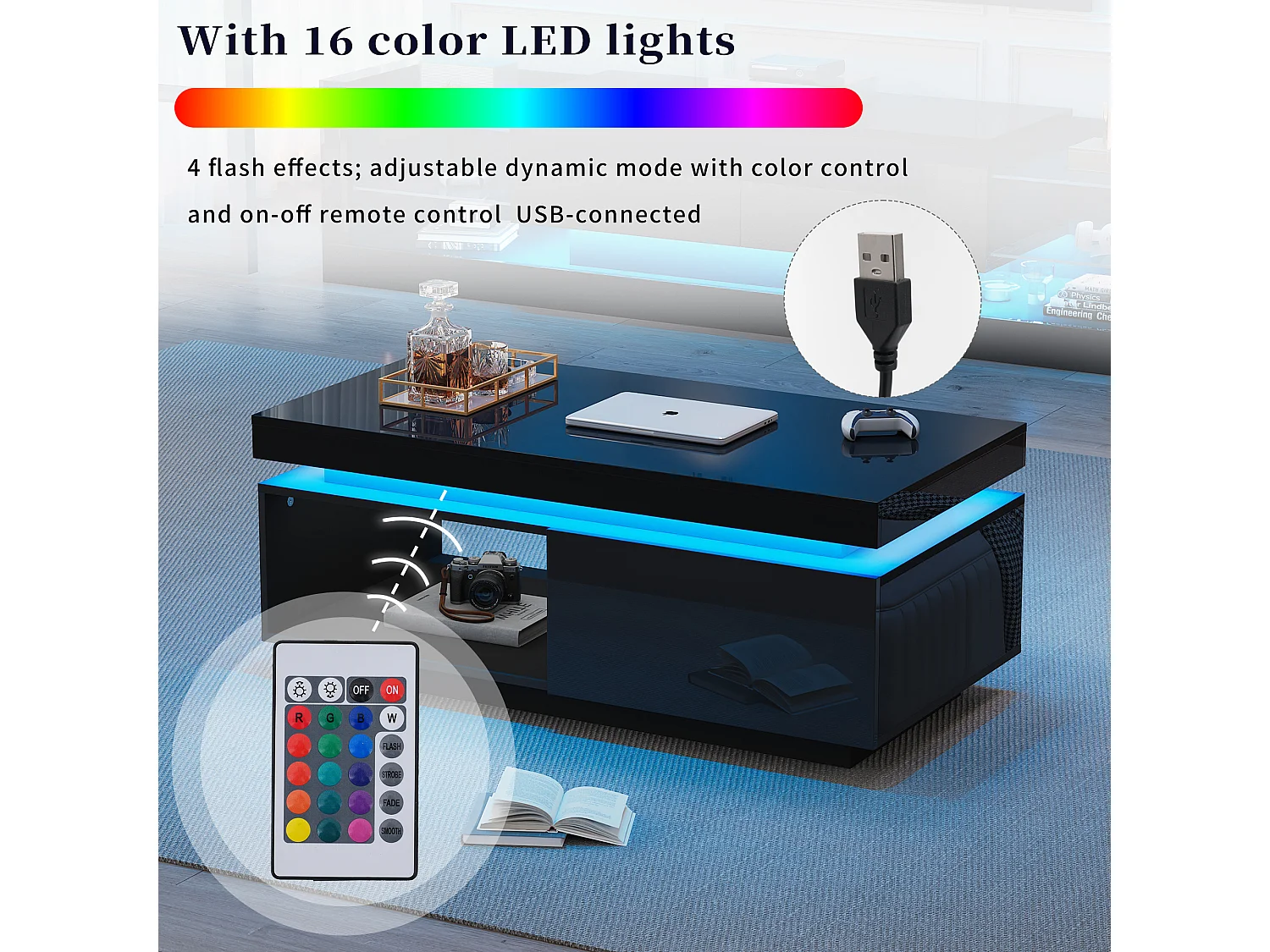 Moderner Couchtisch mit 1 Tür und 1 offenem Fach – 100 x 50 x 40,3 cm – LEDs – Spanplatte – glänzend schwarz