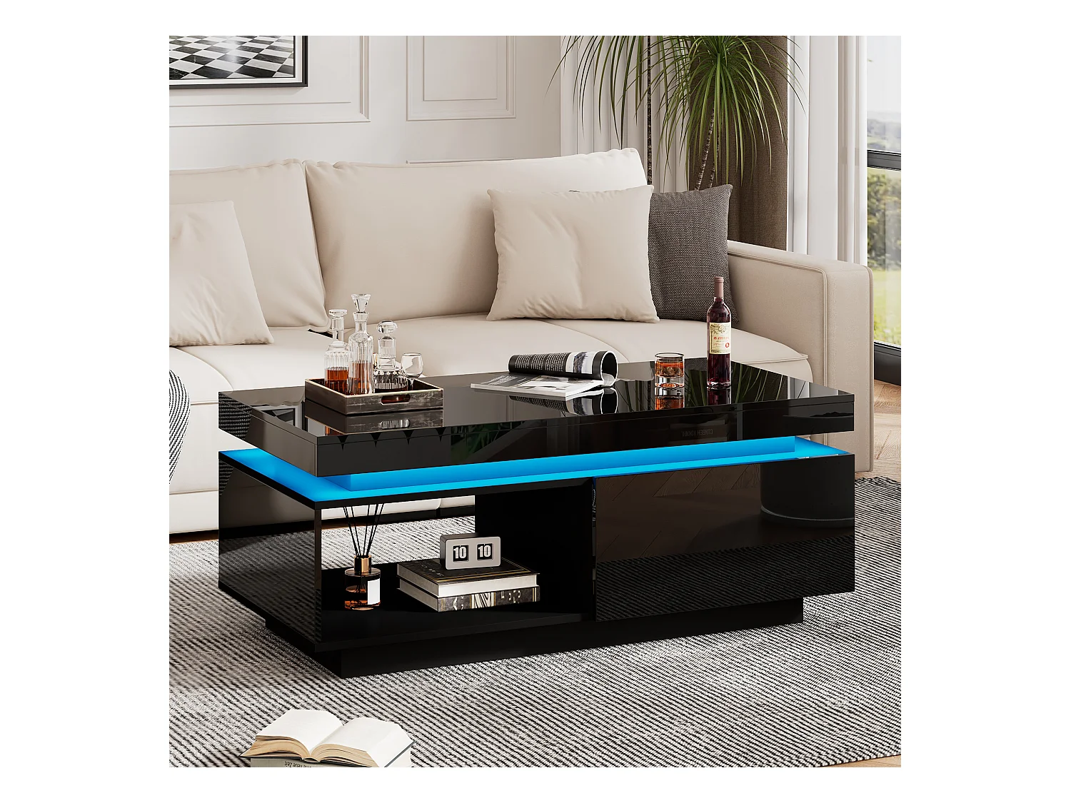 Table basse moderne avec 1 porte et 1 compartiment ouvert - 100 x 50 x 40.3 cm - LEDs - Panneaux de particules - Noir brillant