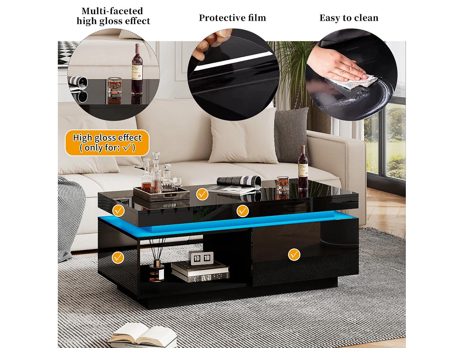 Moderne salontafel met 1 deur en 1 open vak - 100 x 50 x 40,3 cm - LED's - Spaanplaat - Glanzend zwart