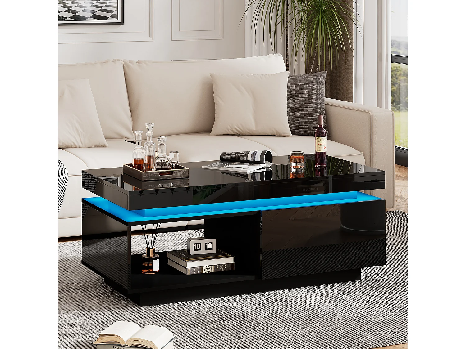 Moderne salontafel met 1 deur en 1 open vak - 100 x 50 x 40,3 cm - LED's - Spaanplaat - Glanzend zwart
