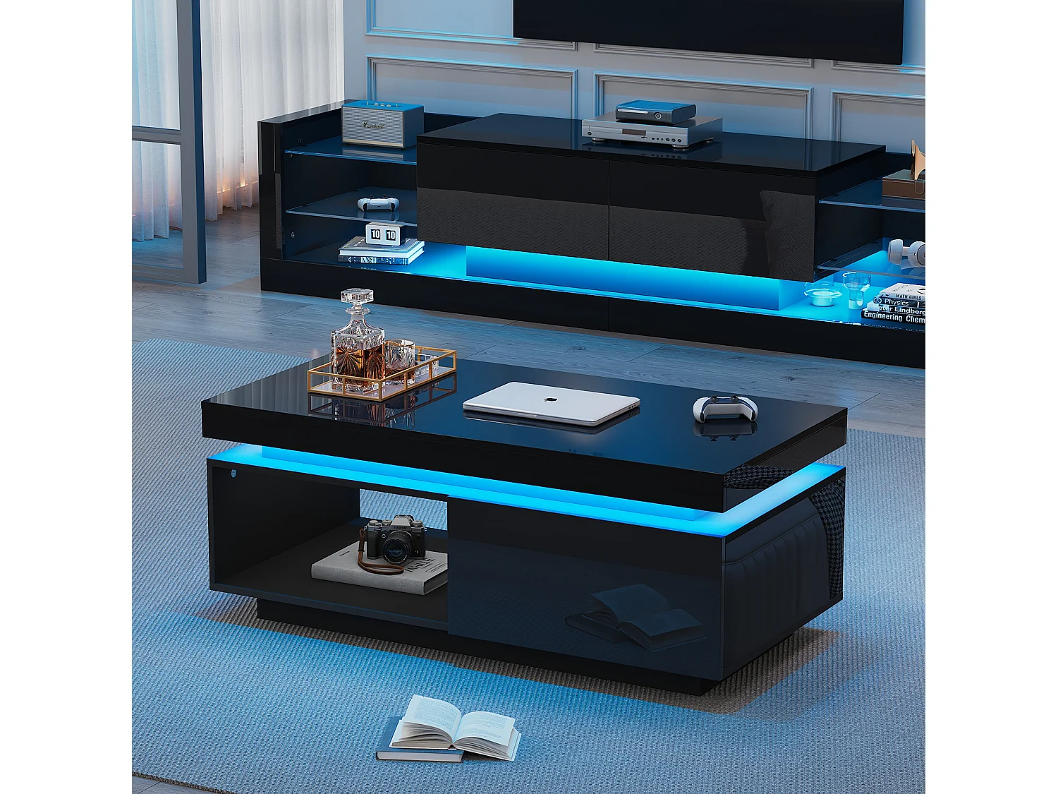 Moderne salontafel met 1 deur en 1 open vak - 100 x 50 x 40,3 cm - LED's - Spaanplaat - Glanzend zwart