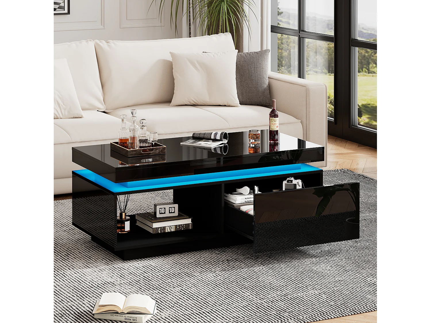 Table basse moderne avec 1 porte et 1 compartiment ouvert - 100 x 50 x 40.3 cm - LEDs - Panneaux de particules - Noir brillant