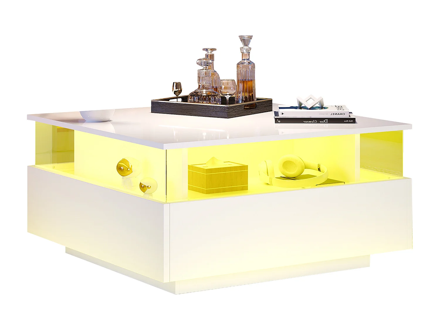 Tavolino moderno con 2 cassetti e vano trasparente - 70 x 70 x 41 cm - LED - Truciolare - Bianco lucido