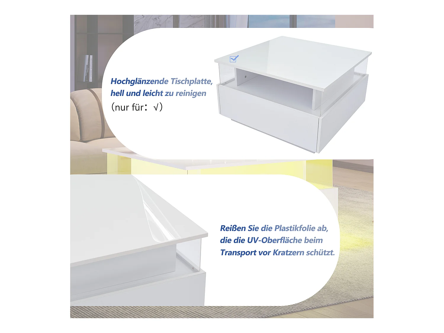 Table basse moderne avec 2 tiroirs et espace transparent - 70 x 70 x 41 cm - LEDs - Panneaux de particules - Blanc brillant