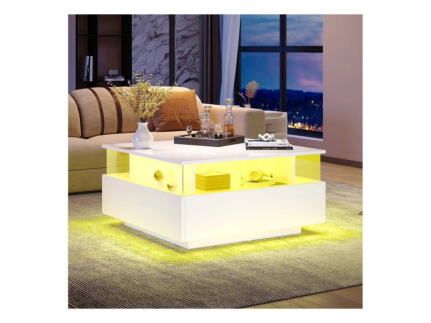 Table basse moderne avec 2 tiroirs et espace transparent - 70 x 70 x 41 cm - LEDs - Panneaux de particules - Blanc brillant