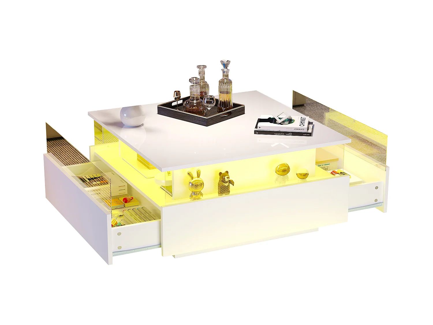 Table basse moderne avec 2 tiroirs et espace transparent - 70 x 70 x 41 cm - LEDs - Panneaux de particules - Blanc brillant