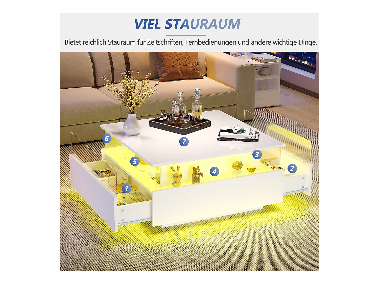 Table basse moderne avec 2 tiroirs et espace transparent - 70 x 70 x 41 cm - LEDs - Panneaux de particules - Blanc brillant