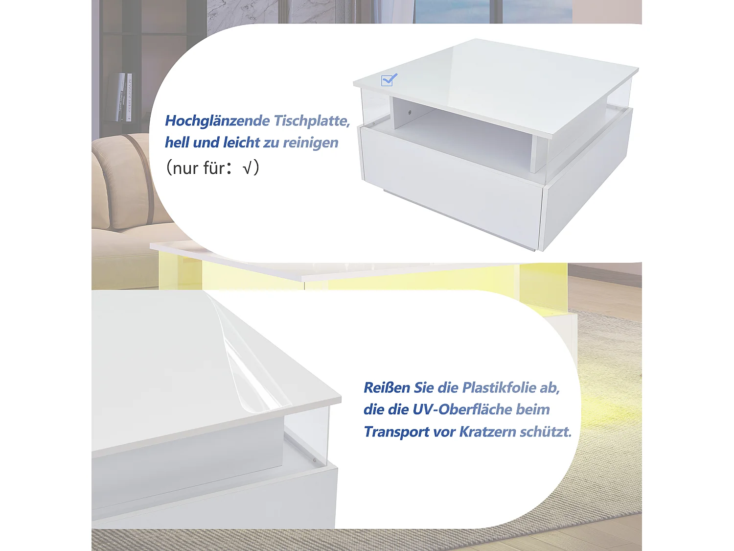 Table basse moderne avec 2 tiroirs et espace transparent - 70 x 70 x 41 cm - LEDs - Panneaux de particules - Blanc brillant