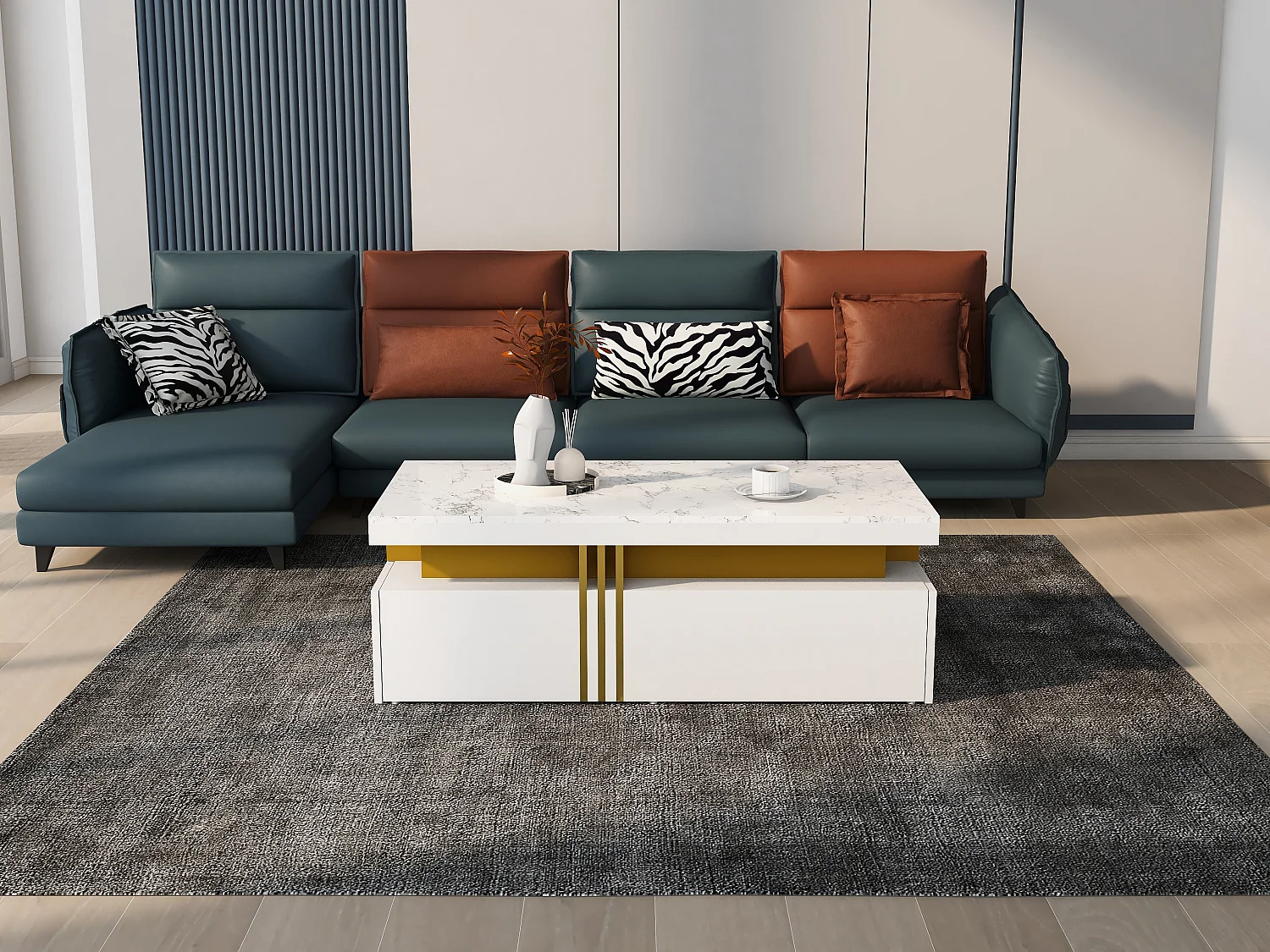 Mesa de centro rectangular con 2 cajones - 100x50x40 cm - tablero de partículas - tapa de mármol, para salón - blanco