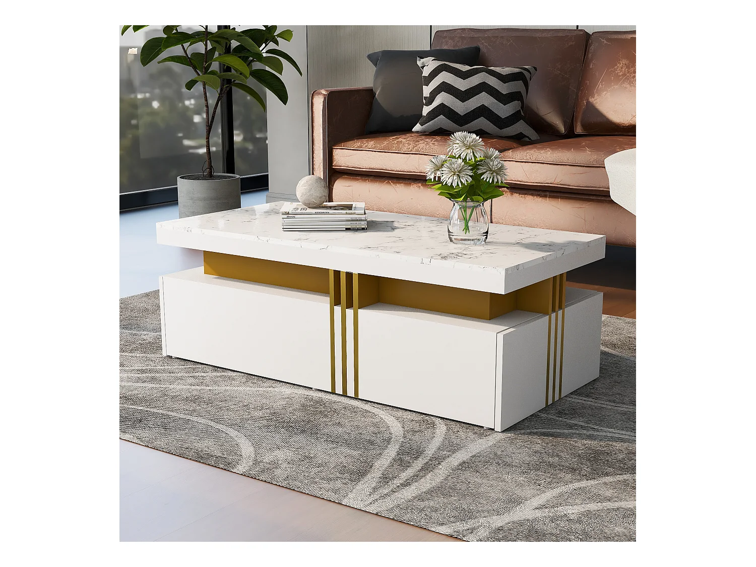 Table basse rectangulaire avec 2 tiroirs - 100x50x40 cm - panneaux de particules - plateau marbré, pour salon - blanc