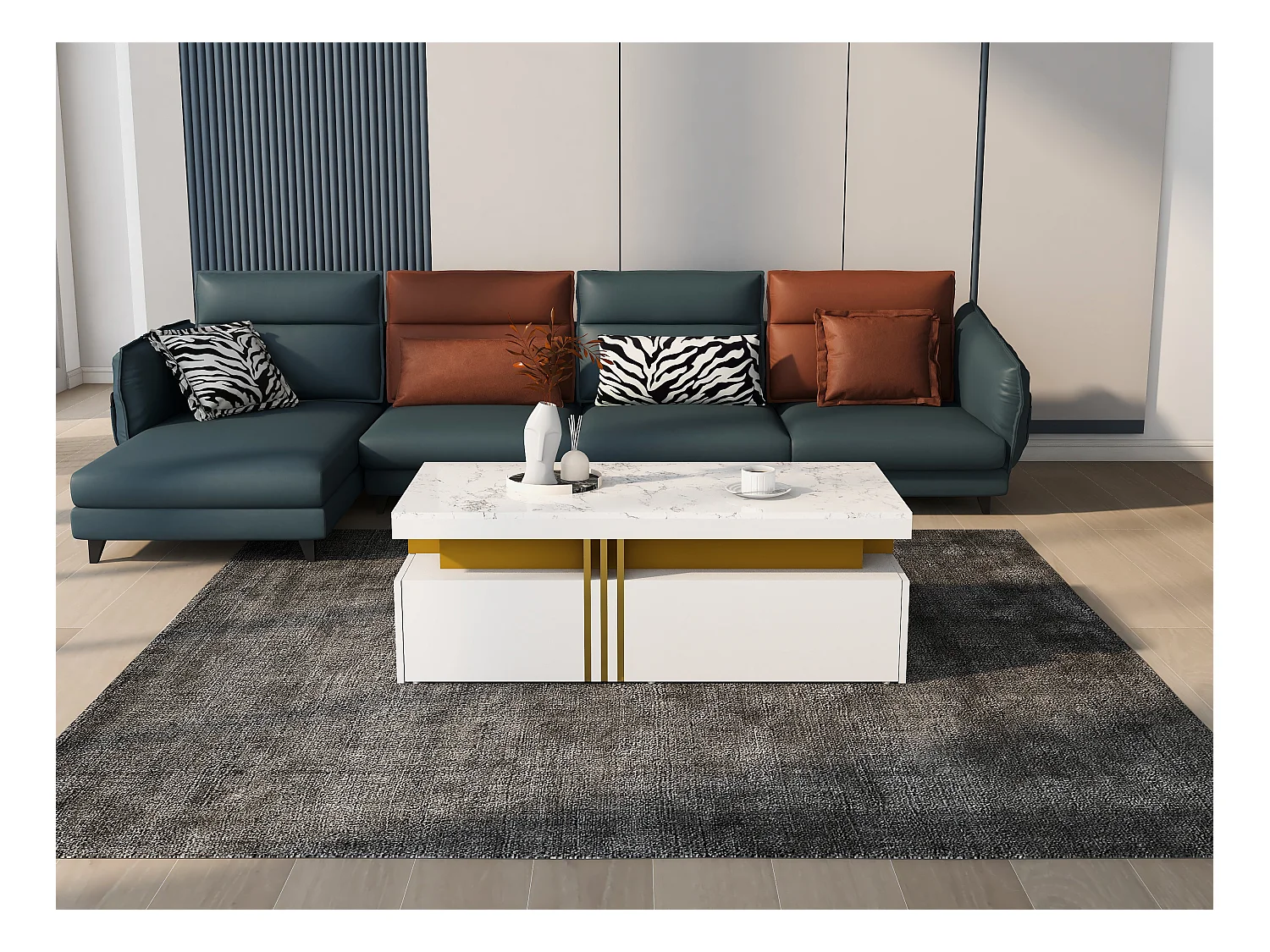 Table basse rectangulaire avec 2 tiroirs - 100x50x40 cm - panneaux de particules - plateau marbré, pour salon - blanc