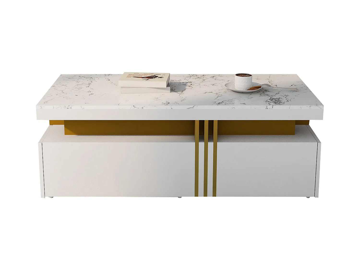 Table basse rectangulaire avec 2 tiroirs - 100x50x40 cm - panneaux de particules - plateau marbré, pour salon - blanc