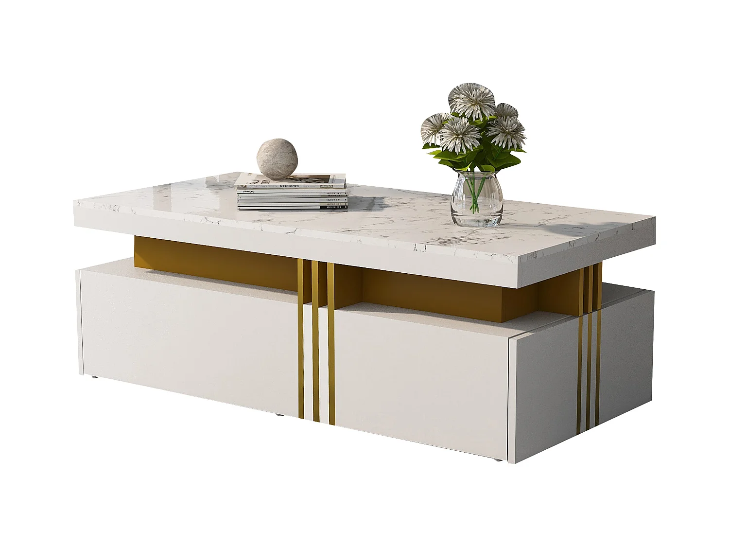 Table basse rectangulaire avec 2 tiroirs - 100x50x40 cm - panneaux de particules - plateau marbré, pour salon - blanc