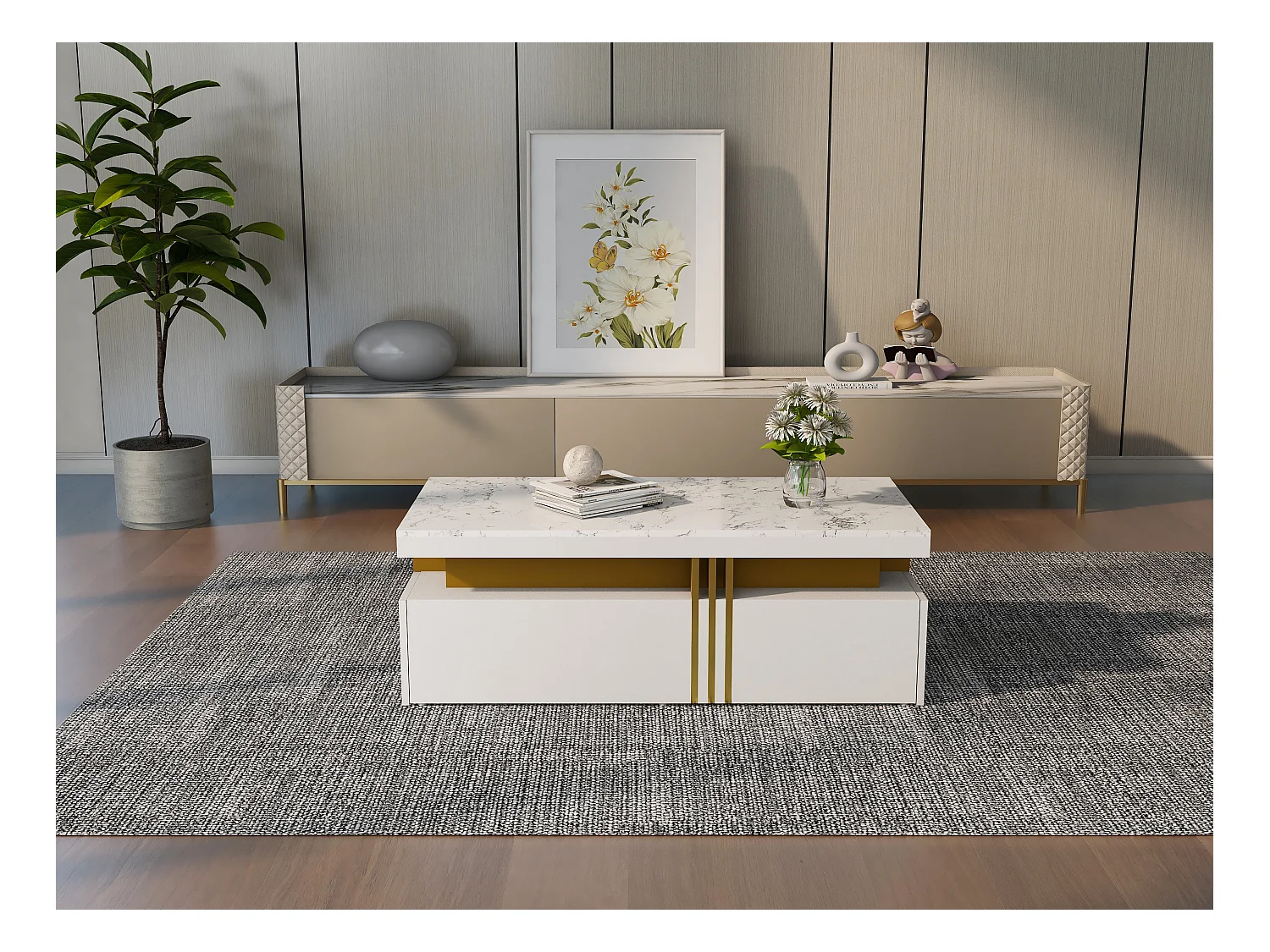 Table basse rectangulaire avec 2 tiroirs - 100x50x40 cm - panneaux de particules - plateau marbré, pour salon - blanc