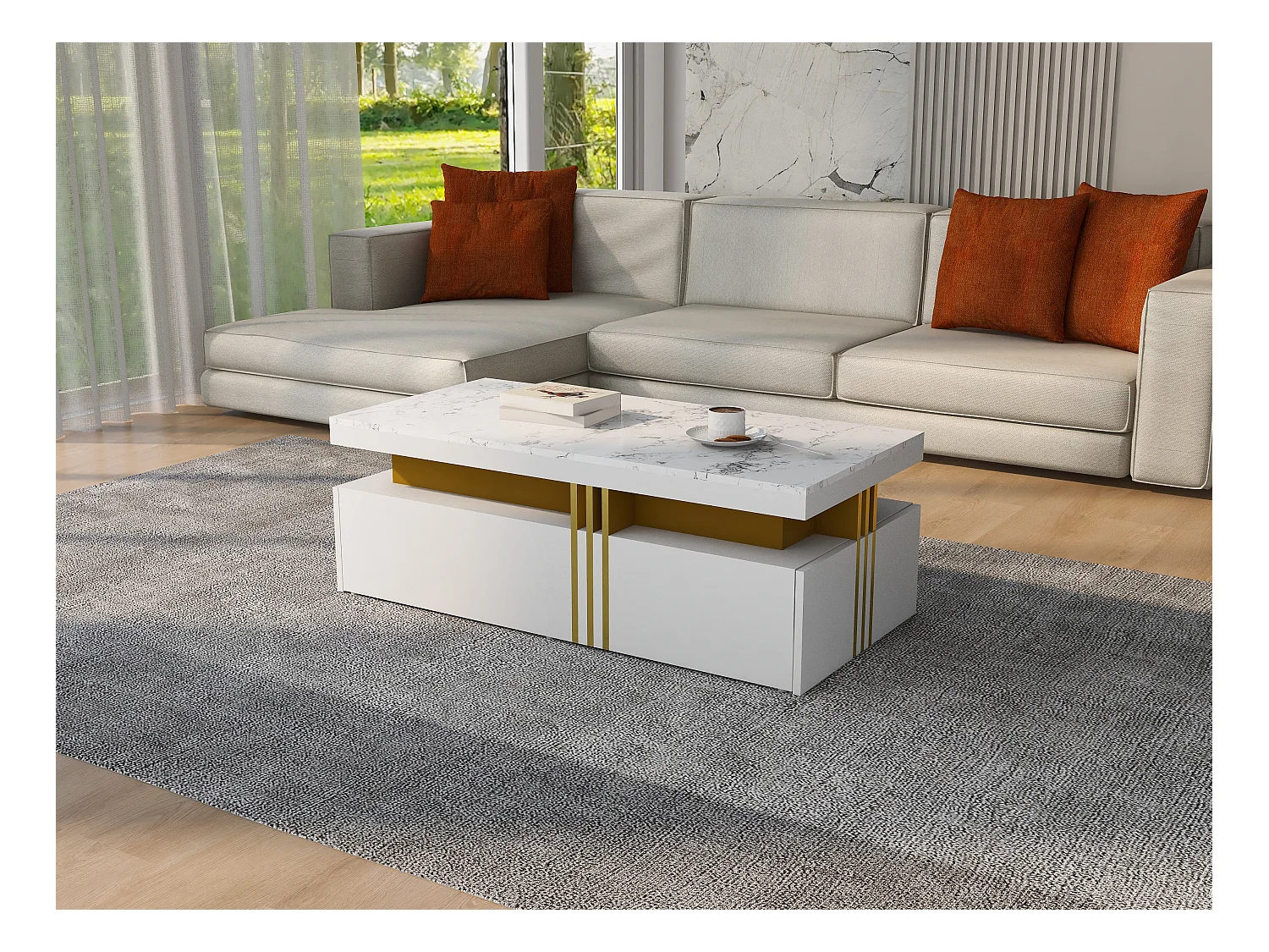 Table basse rectangulaire avec 2 tiroirs - 100x50x40 cm - panneaux de particules - plateau marbré, pour salon - blanc