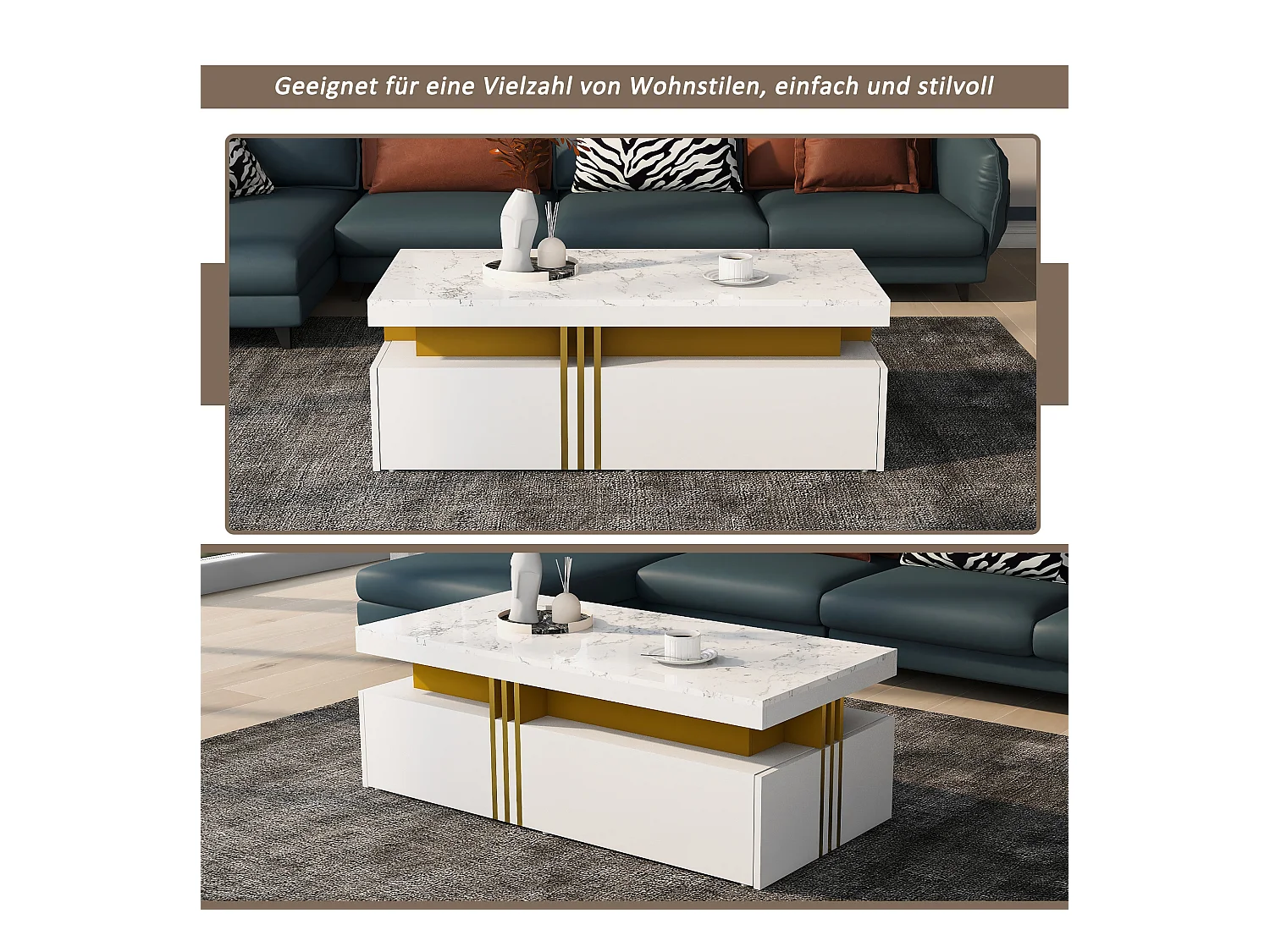Table basse rectangulaire avec 2 tiroirs - 100x50x40 cm - panneaux de particules - plateau marbré, pour salon - blanc