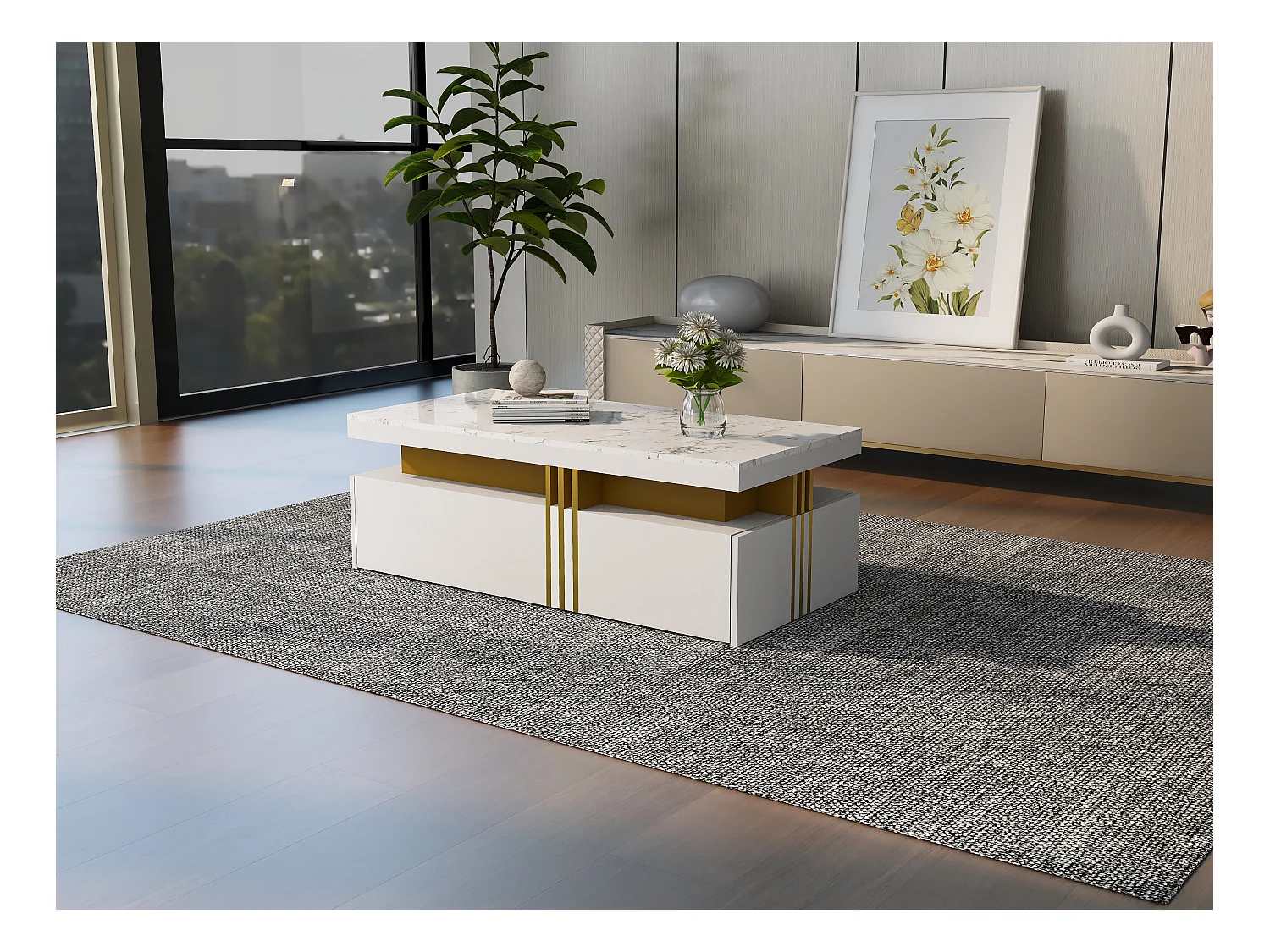 Table basse rectangulaire avec 2 tiroirs - 100x50x40 cm - panneaux de particules - plateau marbré, pour salon - blanc