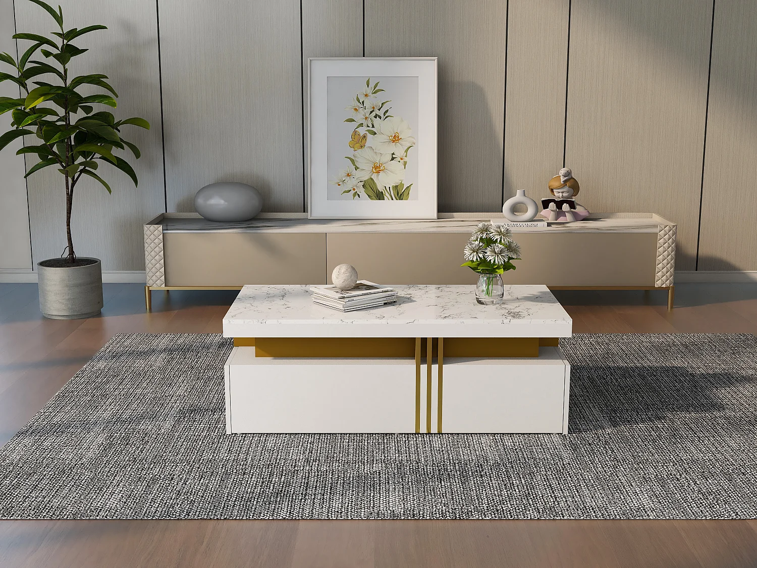 Table basse rectangulaire avec 2 tiroirs - 100x50x40 cm - panneaux de particules - plateau marbré, pour salon - blanc