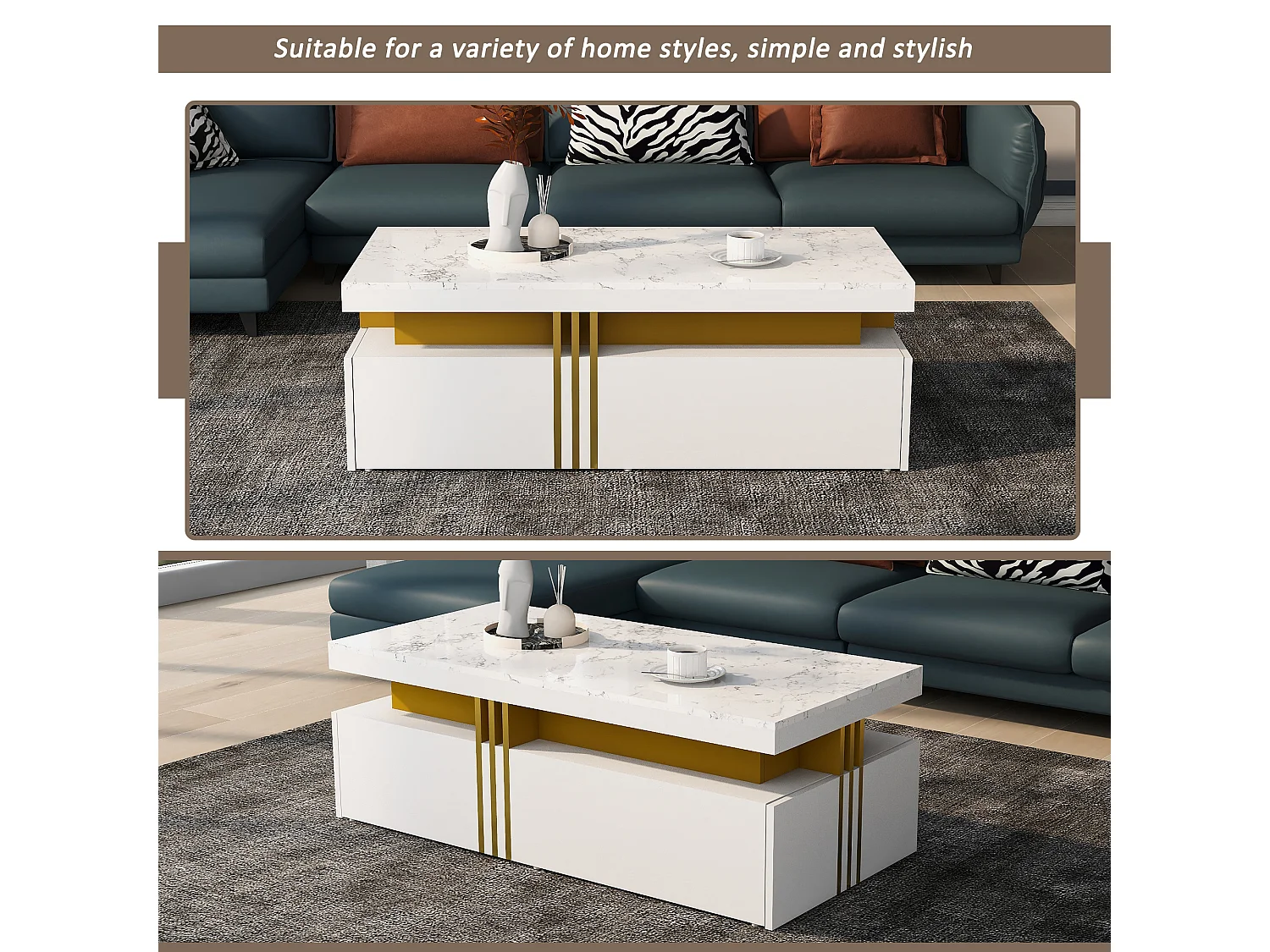 Table basse rectangulaire avec 2 tiroirs - 100x50x40 cm - panneaux de particules - plateau marbré, pour salon - blanc