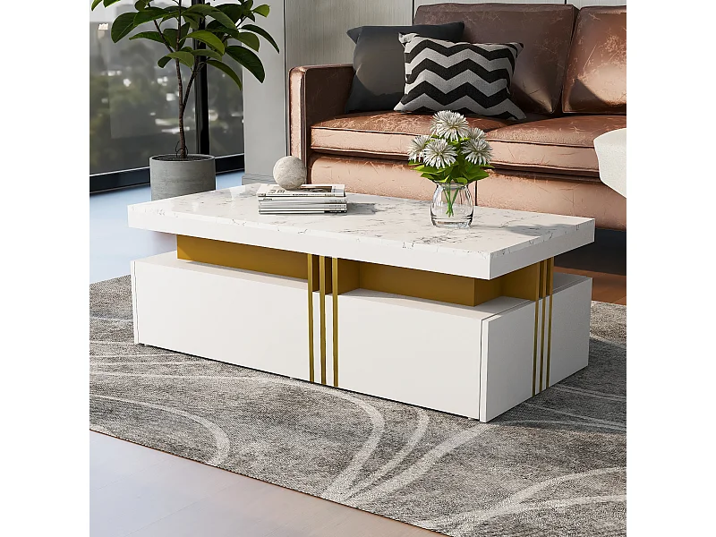 Table basse rectangulaire avec 2 tiroirs - 100x50x40 cm - panneaux de particules - plateau marbré, pour salon - blanc