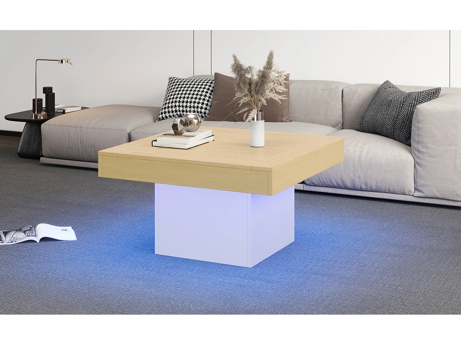 Table basse carrée - 70 x 70 x 40 cm - LEDs - Panneaux de particules - Blanc + Chêne clair