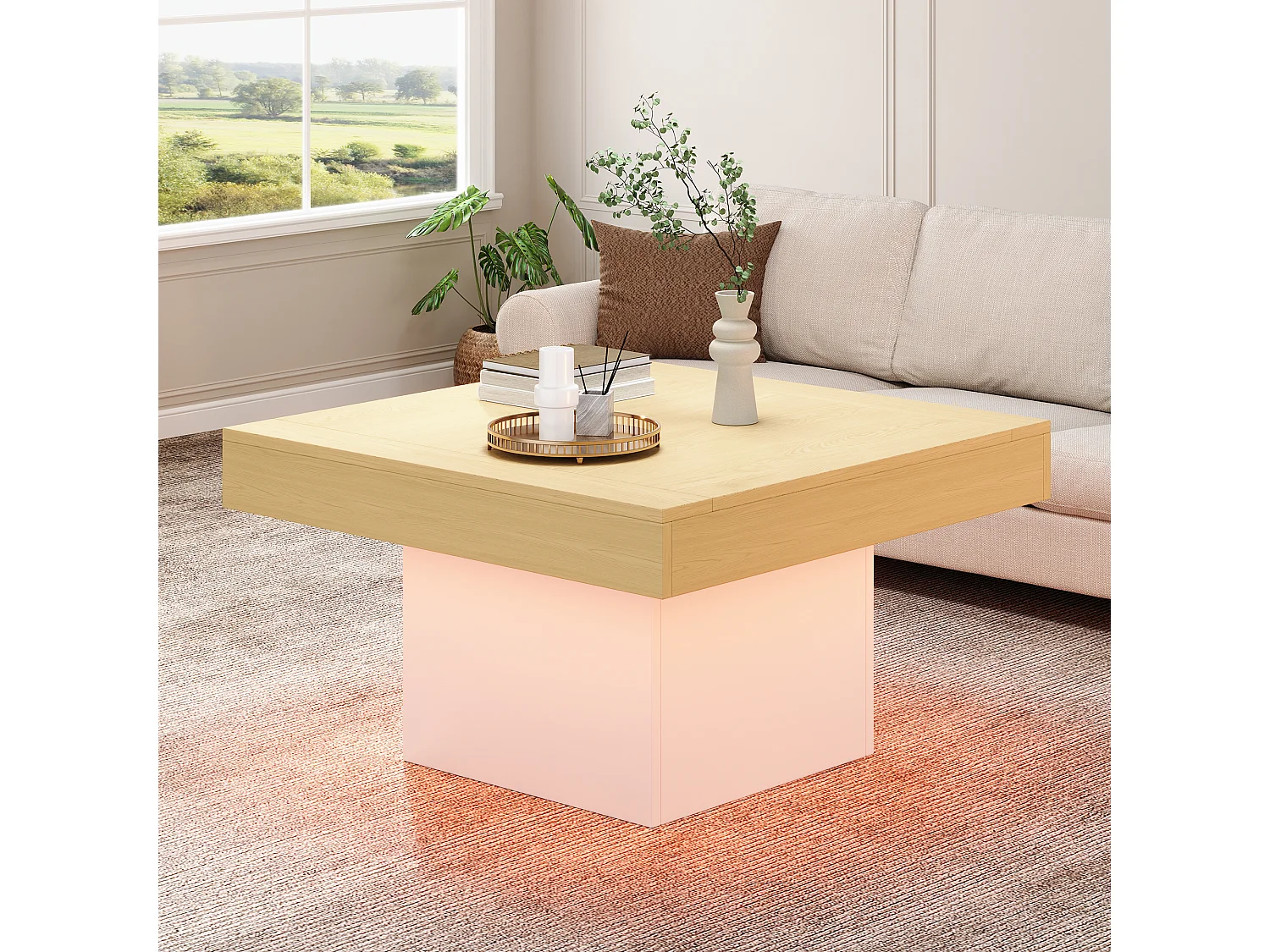 Table basse carrée - 70 x 70 x 40 cm - LEDs - Panneaux de particules - Blanc + Chêne clair