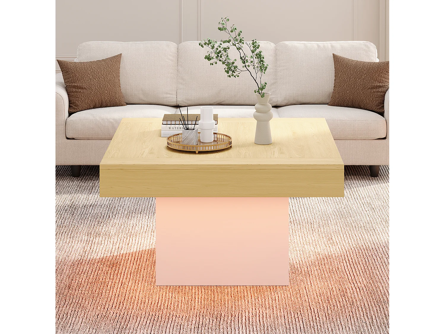 Table basse carrée - 70 x 70 x 40 cm - LEDs - Panneaux de particules - Blanc + Chêne clair
