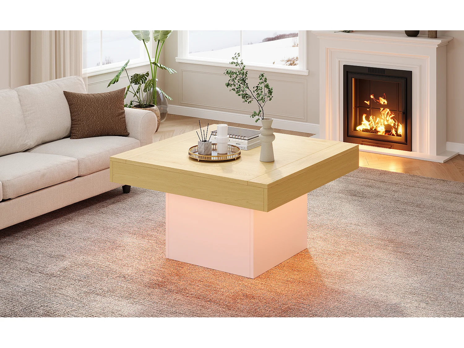 Table basse carrée - 70 x 70 x 40 cm - LEDs - Panneaux de particules - Blanc + Chêne clair