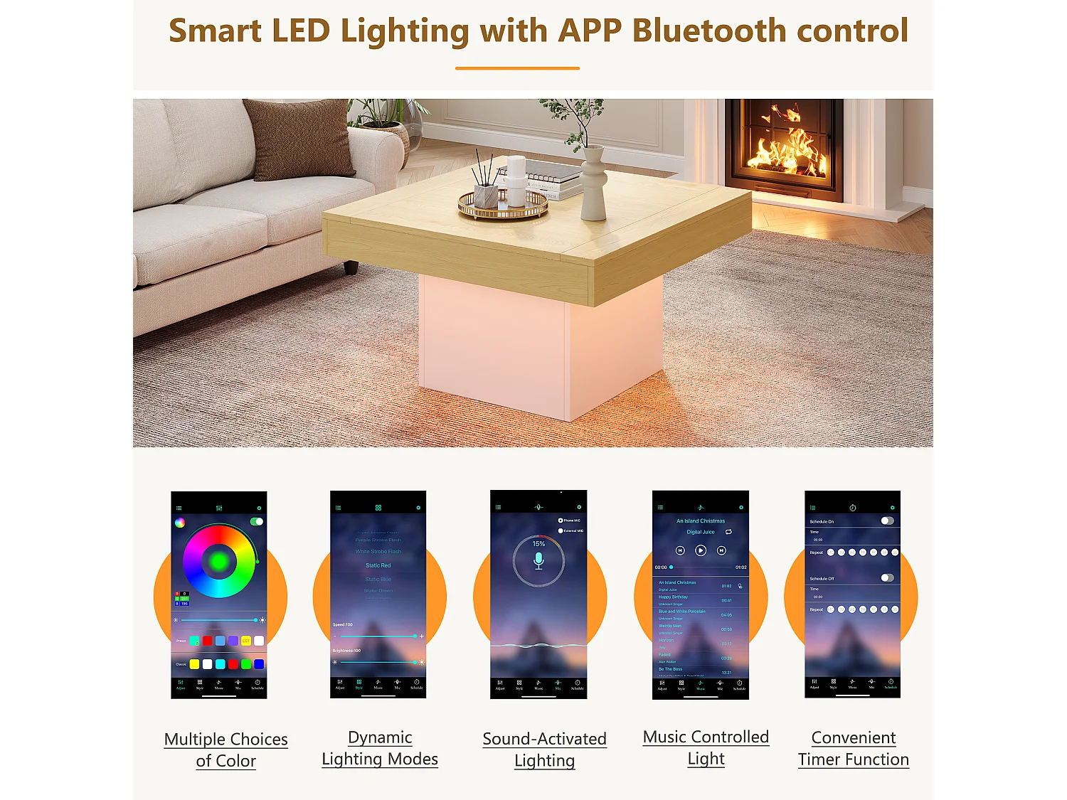 Table basse carrée - 70 x 70 x 40 cm - LEDs - Panneaux de particules - Blanc + Chêne clair