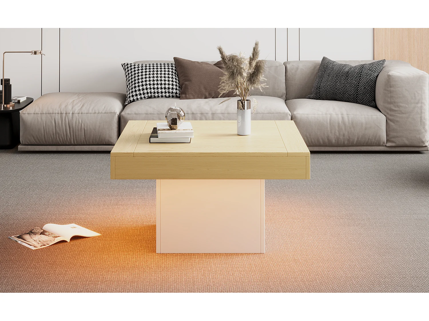 Table basse carrée - 70 x 70 x 40 cm - LEDs - Panneaux de particules - Blanc + Chêne clair