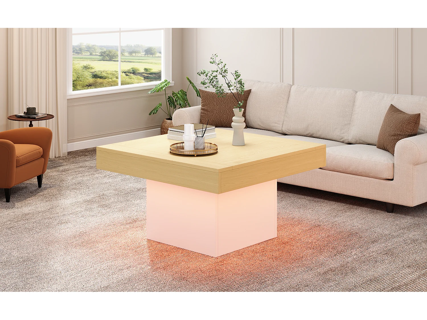 Table basse carrée - 70 x 70 x 40 cm - LEDs - Panneaux de particules - Blanc + Chêne clair