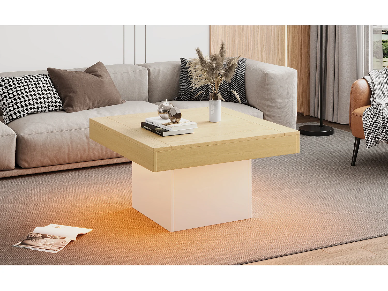 Table basse carrée - 70 x 70 x 40 cm - LEDs - Panneaux de particules - Blanc + Chêne clair