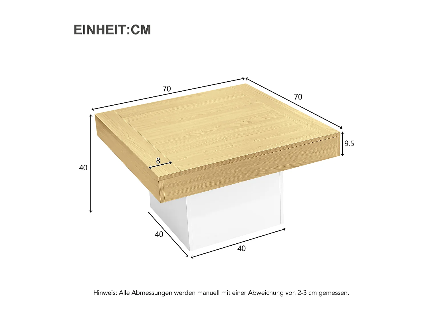 Table basse carrée - 70 x 70 x 40 cm - LEDs - Panneaux de particules - Blanc + Chêne clair