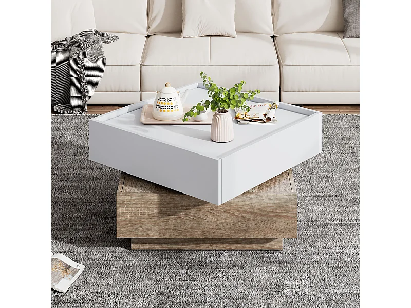 Table basse carrée avec plateau rotatif à 360° - 60 x 60 x 38 cm - Panneaux de particules - Blanc + Noyer naturel