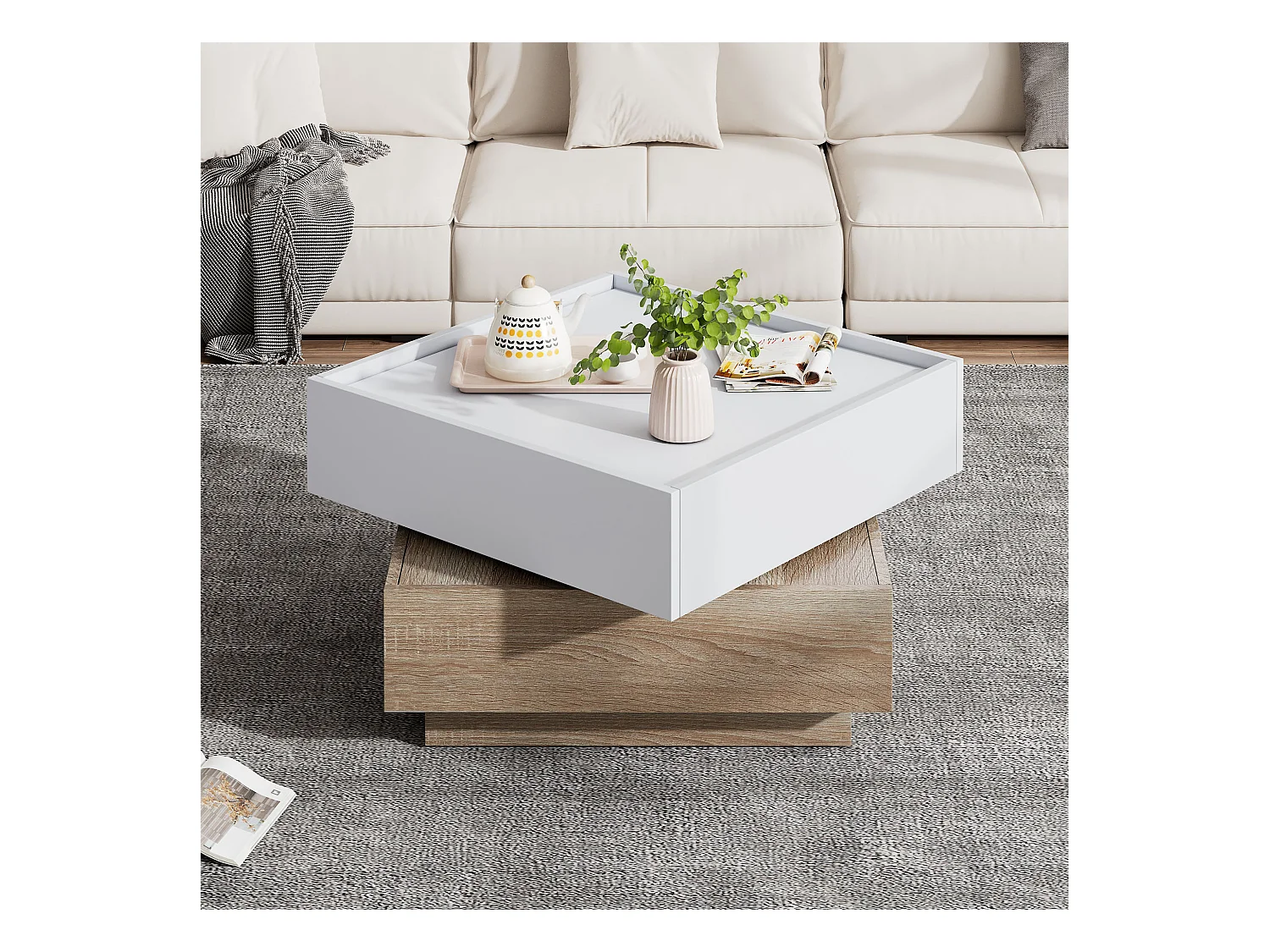 Table basse carrée avec plateau rotatif à 360° - 60 x 60 x 38 cm - Panneaux de particules - Blanc + Noyer naturel