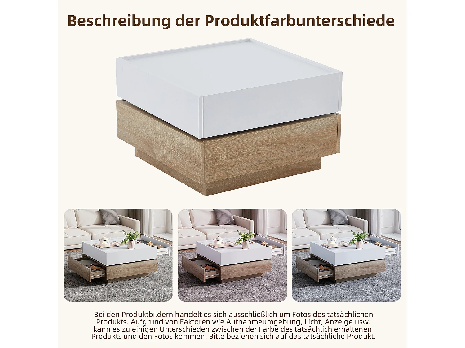 Quadratischer Couchtisch mit um 360° drehbarer Platte – 60 x 60 x 38 cm – Spanplatte – Weiß + Naturnussbaum