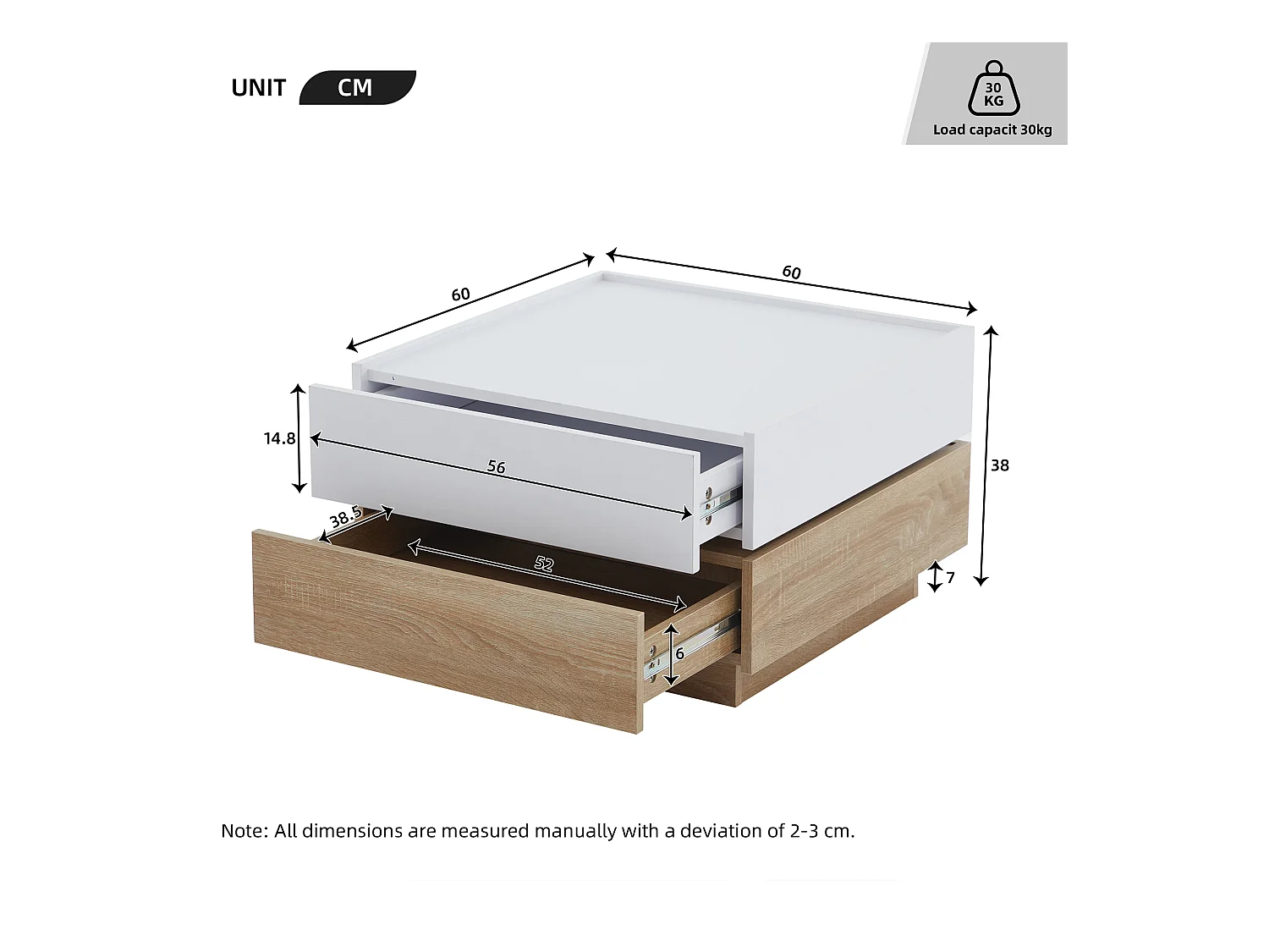 Quadratischer Couchtisch mit um 360° drehbarer Platte – 60 x 60 x 38 cm – Spanplatte – Weiß + Naturnussbaum