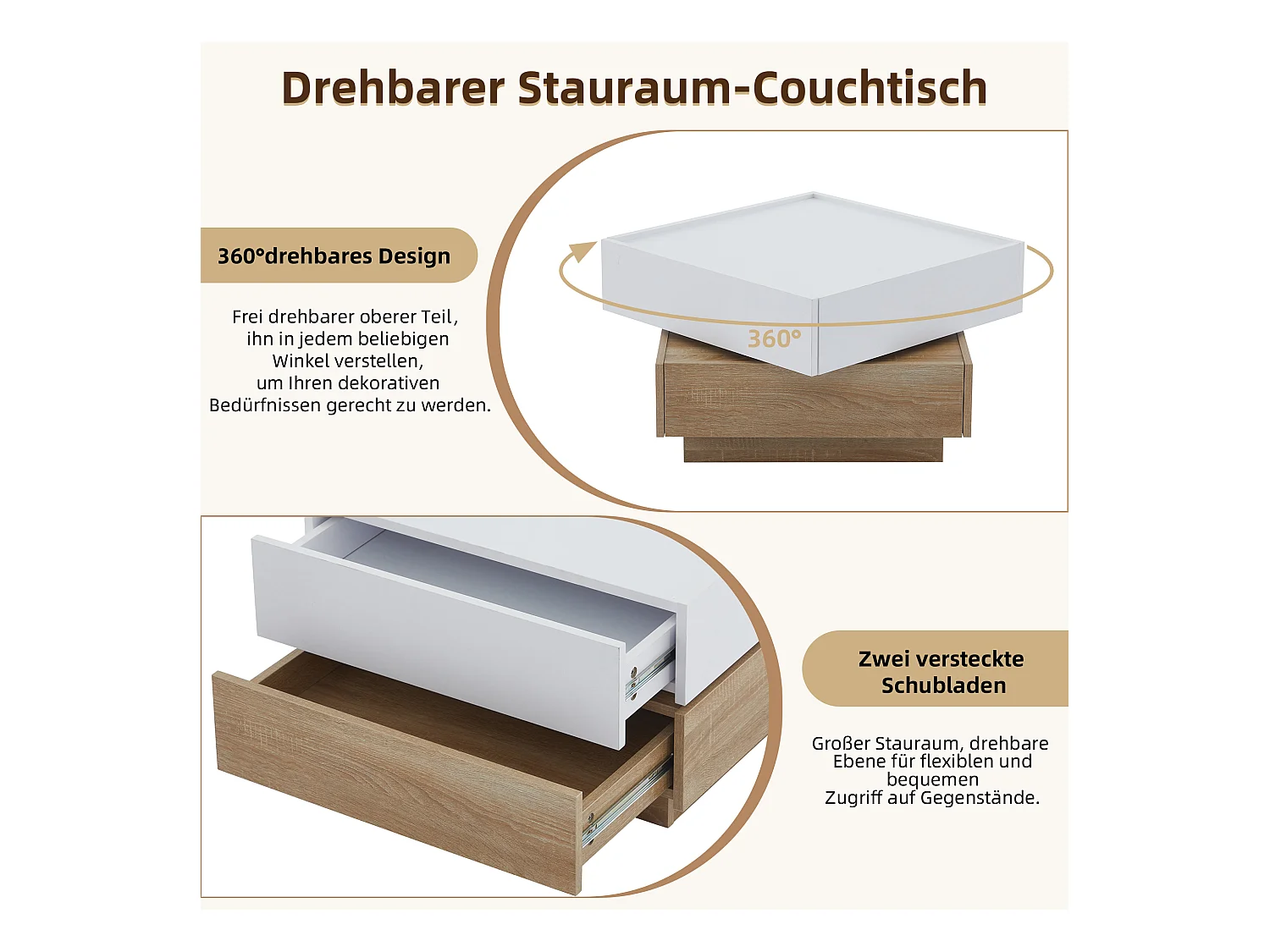 Quadratischer Couchtisch mit um 360° drehbarer Platte – 60 x 60 x 38 cm – Spanplatte – Weiß + Naturnussbaum