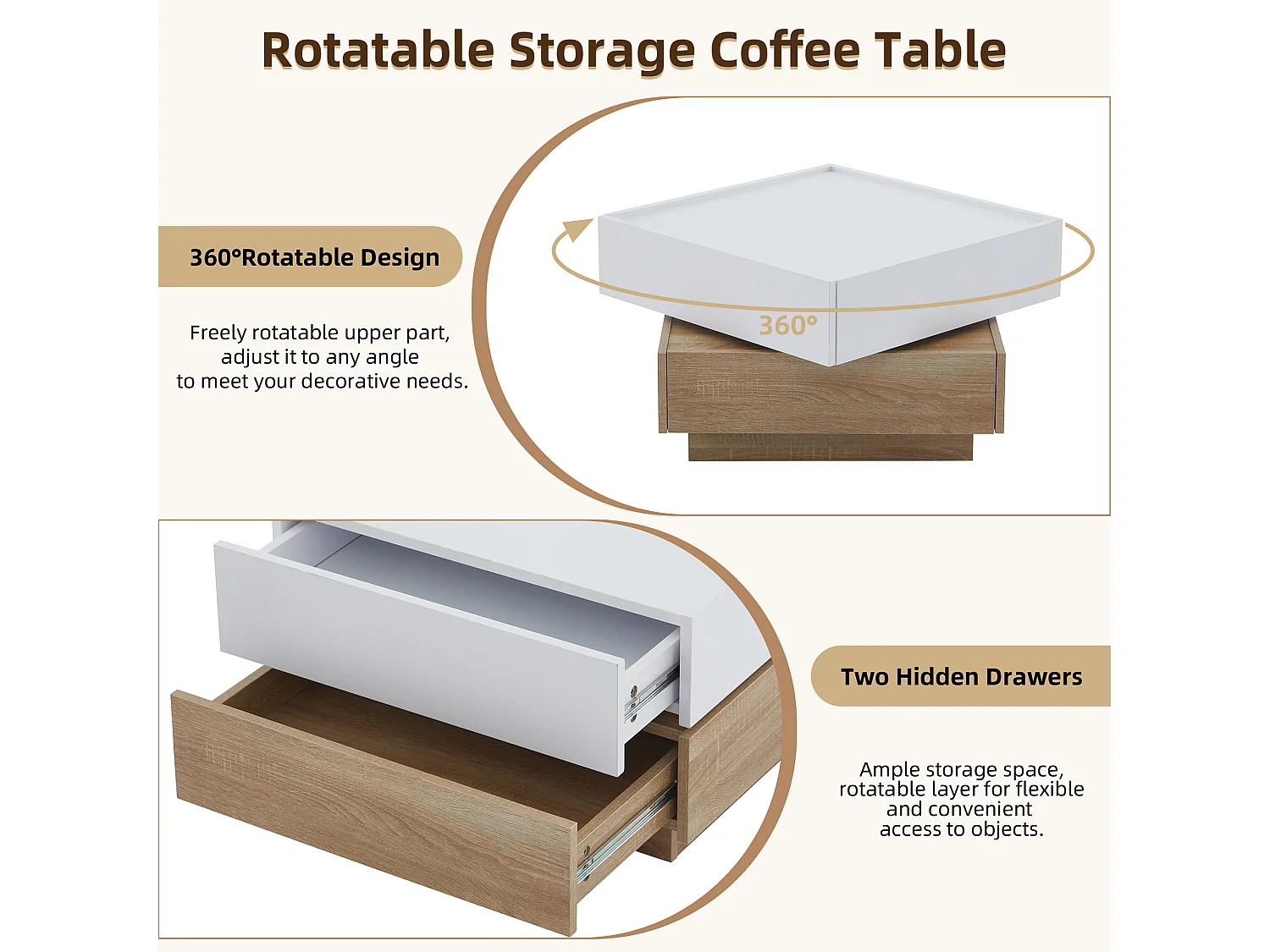 Quadratischer Couchtisch mit um 360° drehbarer Platte – 60 x 60 x 38 cm – Spanplatte – Weiß + Naturnussbaum