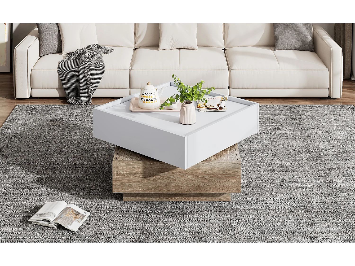 Quadratischer Couchtisch mit um 360° drehbarer Platte – 60 x 60 x 38 cm – Spanplatte – Weiß + Naturnussbaum