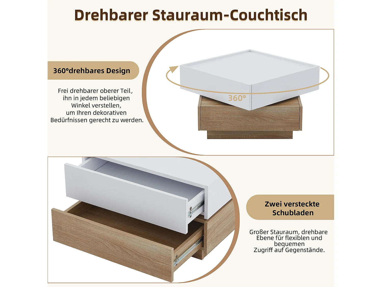 Table basse carrée avec plateau rotatif à 360° - 60 x 60 x 38 cm - Panneaux de particules - Blanc + Noyer naturel