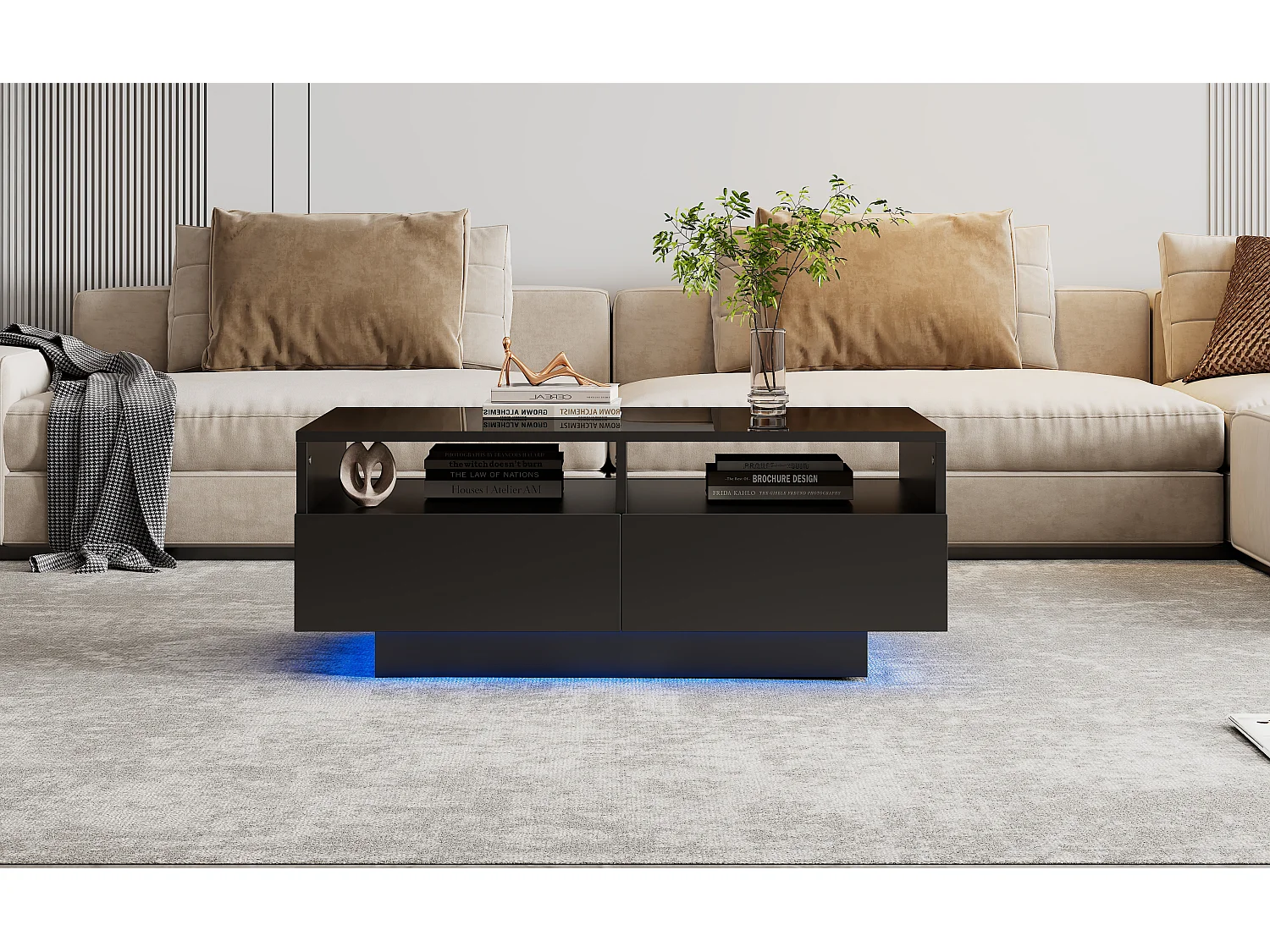 Mesa de centro con 4 cajones - 90 x 55 x 35 cm - LED - Tableros de partículas - para salón - Negro brillante