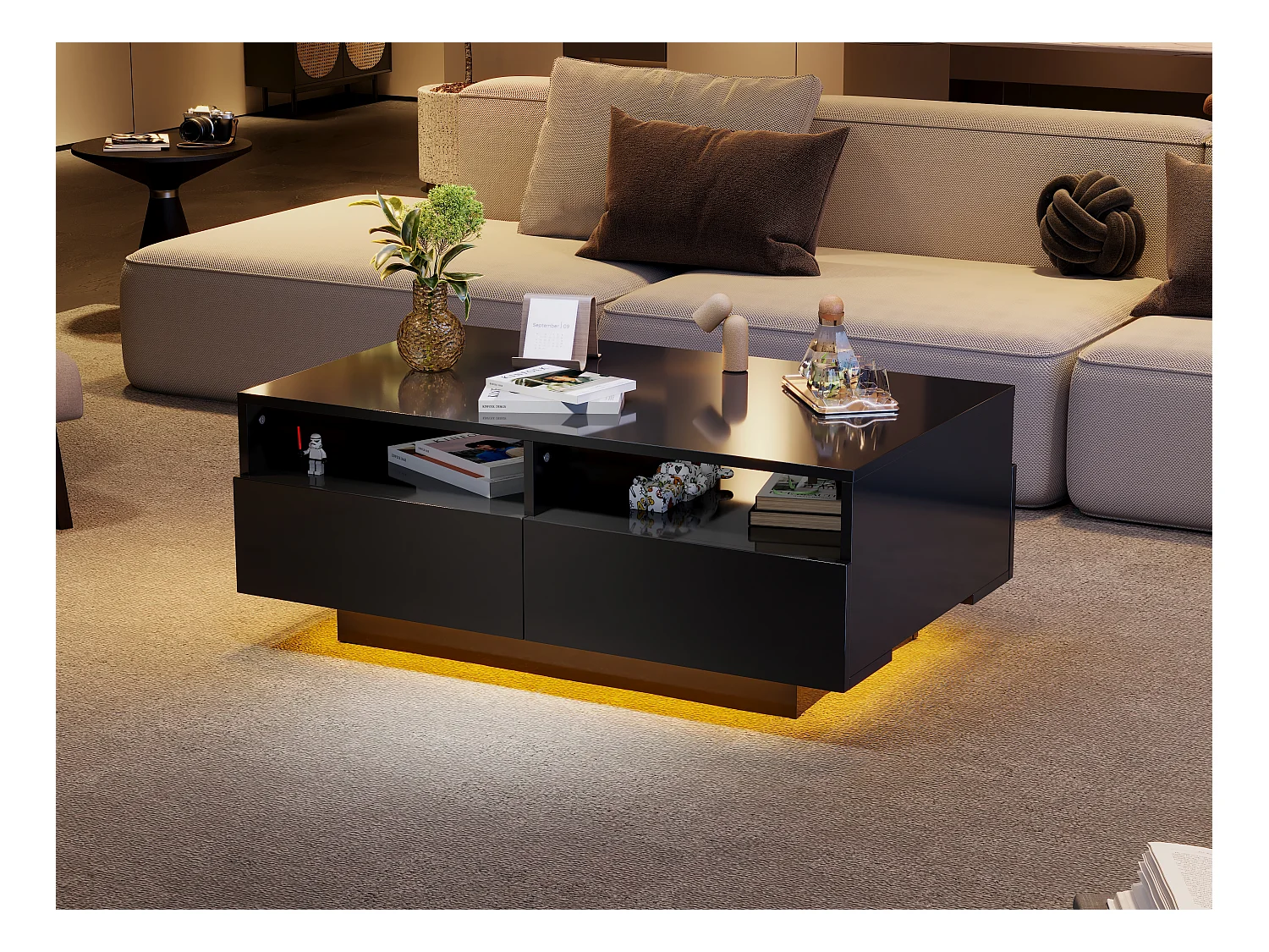 Couchtisch mit 4 Schubladen – 90 x 55 x 35 cm – LEDs – Spanplatten – für Wohnzimmer – Glänzendes Schwarz