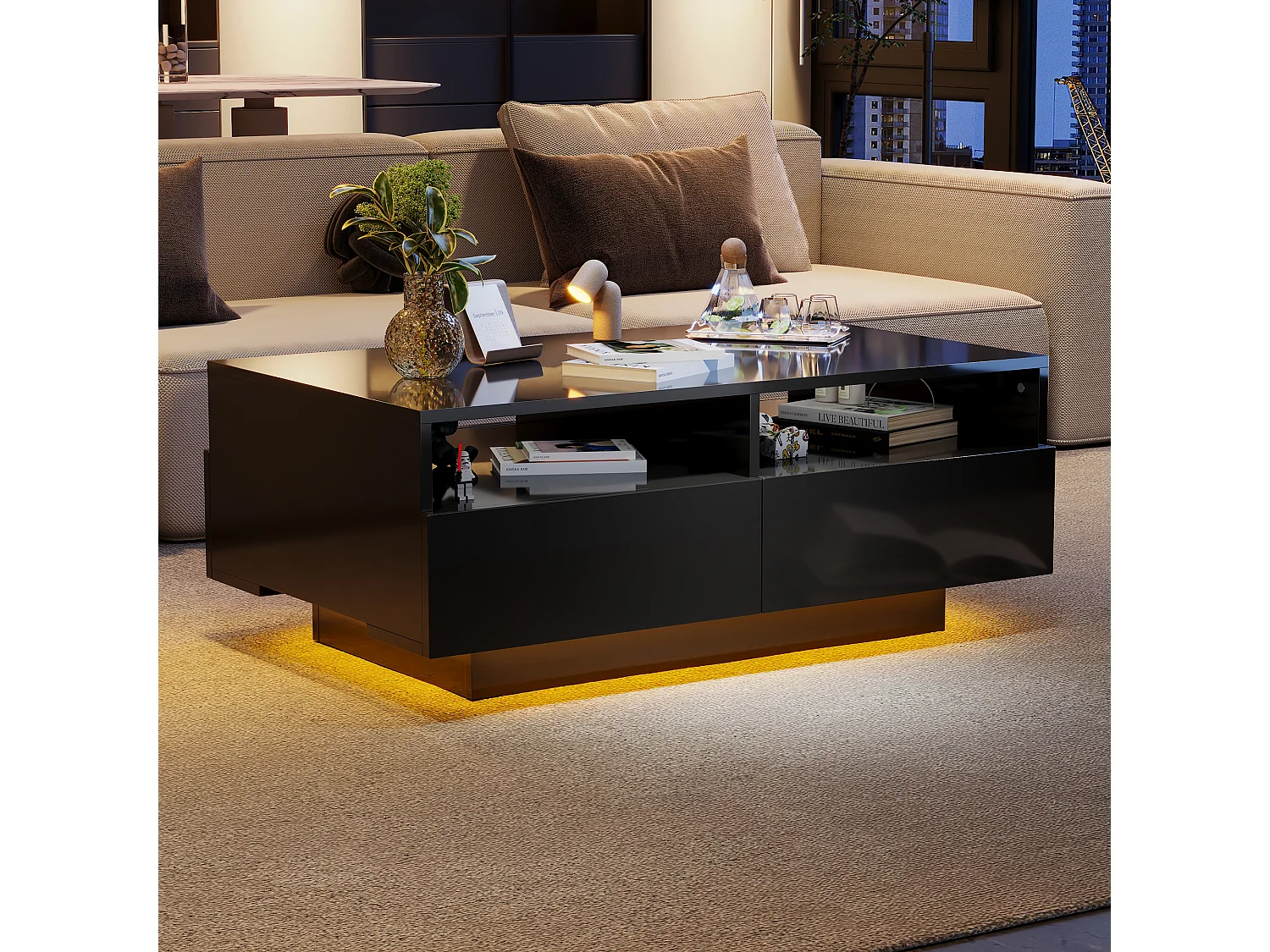 Salontafel met 4 laden - 90 x 55 x 35 cm - LED's - Spaanplaten - voor woonkamer - Glanzend zwart