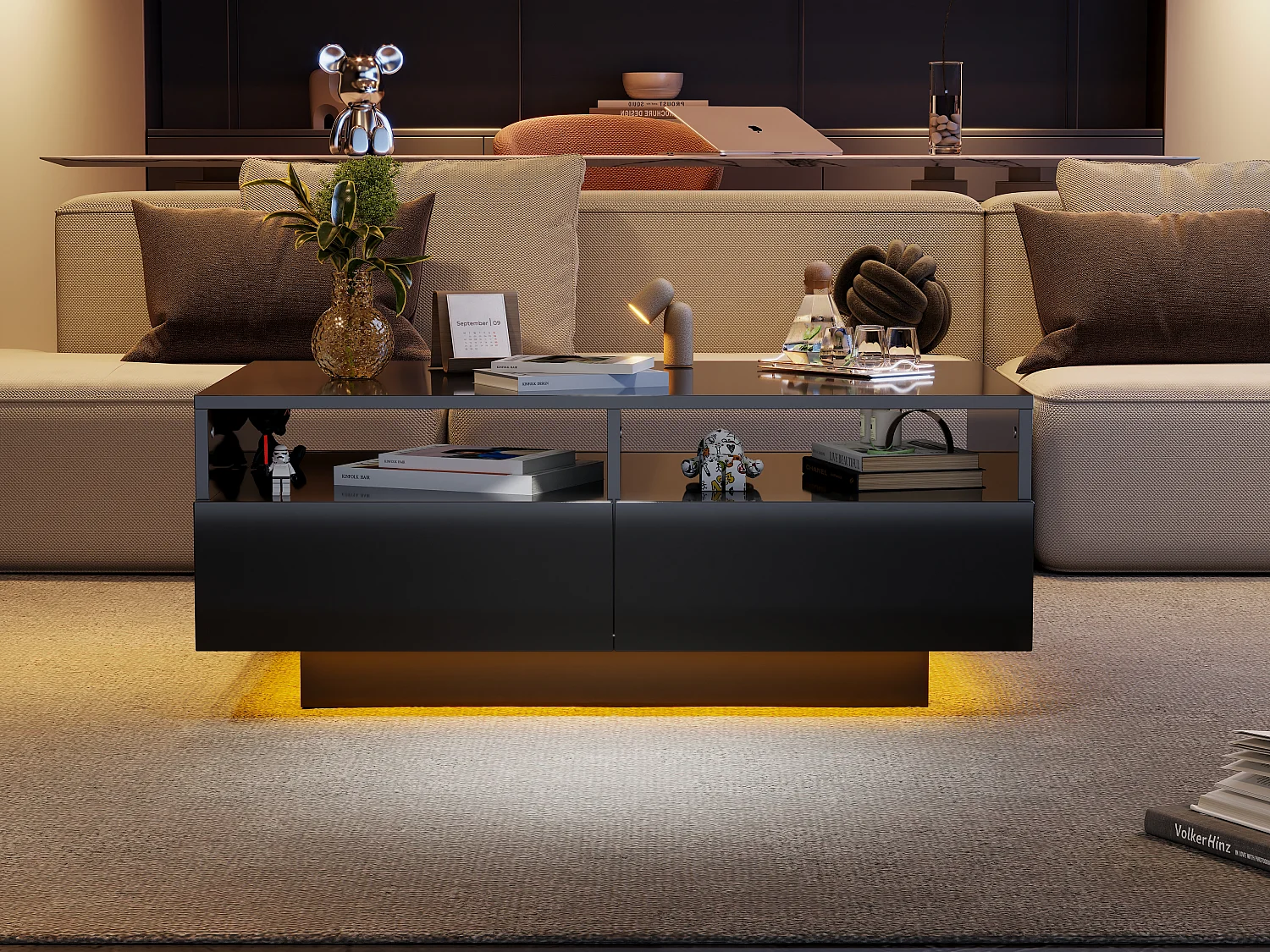 Tavolino con 4 cassetti - 90 x 55 x 35 cm - LED - Pannelli di particelle - per soggiorno - Nero lucido