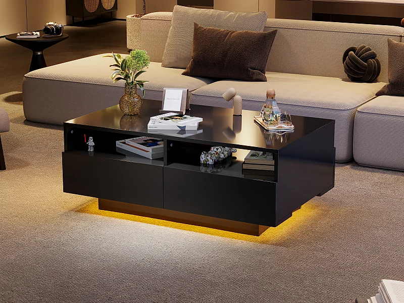 Salontafel met 4 laden - 90 x 55 x 35 cm - LED's - Spaanplaten - voor woonkamer - Glanzend zwart