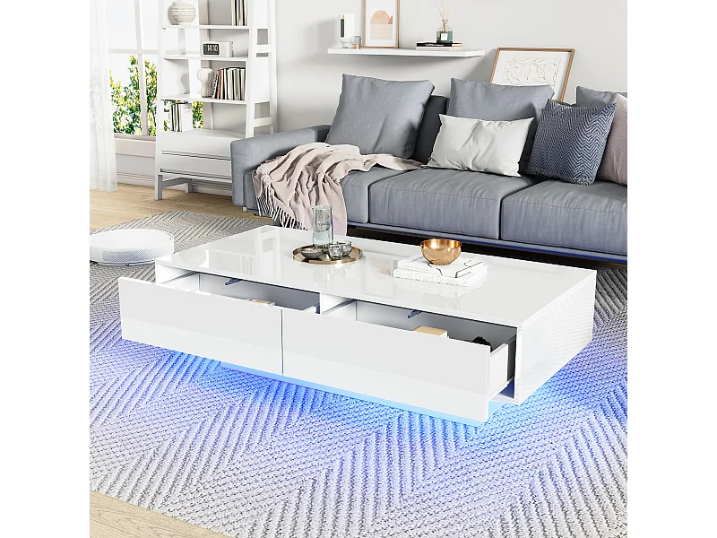 Moderne glanzende salontafel met 2 laden - 115 x 55 x 34 cm - LED's - Spaanplaat - Zwart