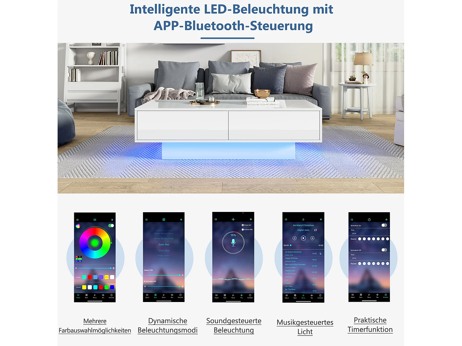 Moderne glanzende salontafel met 2 laden - 115 x 55 x 34 cm - LED's - Spaanplaat - Zwart